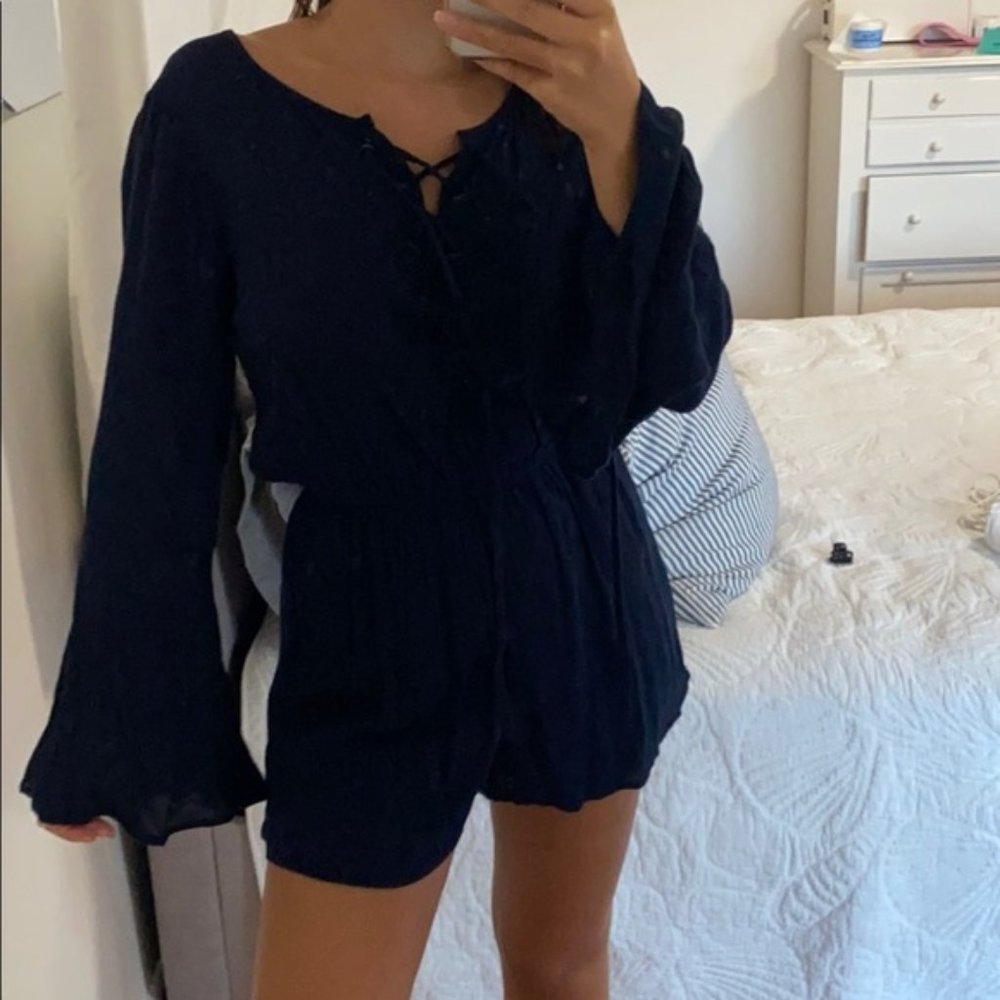 Navy Blue Tie Up Bell Sleeve Romper Size Medium - Picture 1 of 6